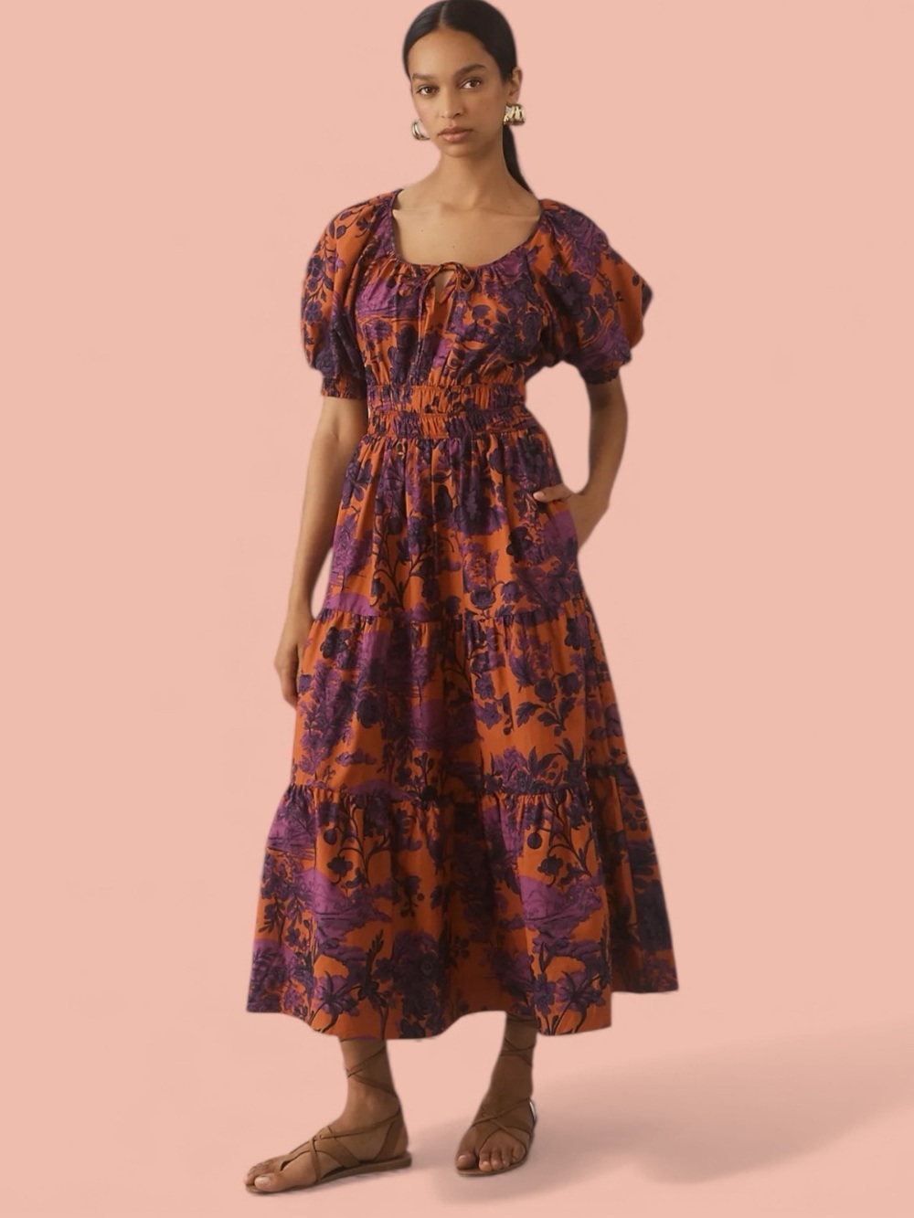 Anthropologie L The Somerset Puff-Sleeve Maxi Dress tiered boho floral